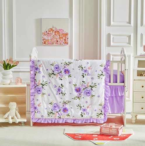 3 Pieces Flowers Crib Bedding Set Baby Ruffled Quilted Comforter by Uozzi+Bedding