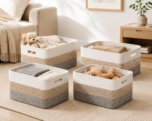 4 sets of hand-woven cotton rope storage boxes, suitable - Image 4