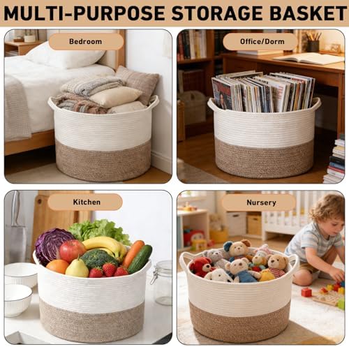 Large Woven Blanket Basket, 65L Cotton Rope Laundry Basket - Image 6