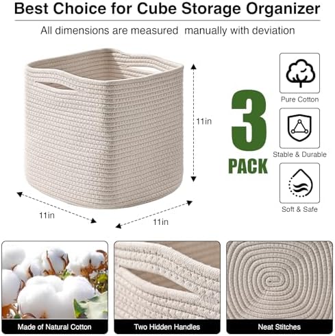 ICERZCZ 11 Inch Cube Storage Bins, Organizer Bins, Woven Cotton Rope Baskets - Image 3