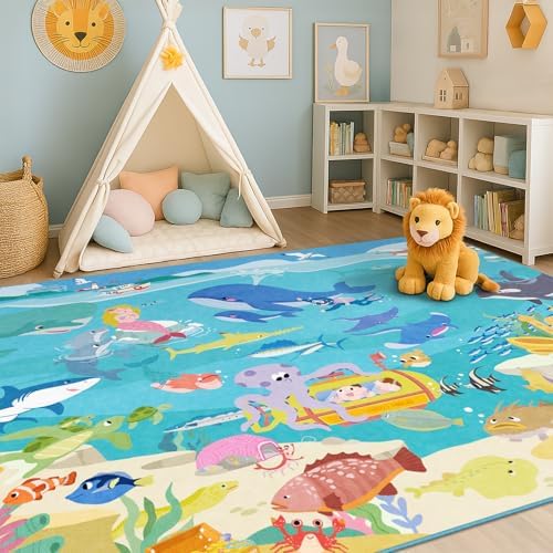 Large Blue Ocean Rug for Classroom – Washable 9x12 Kids Rug - Image 2