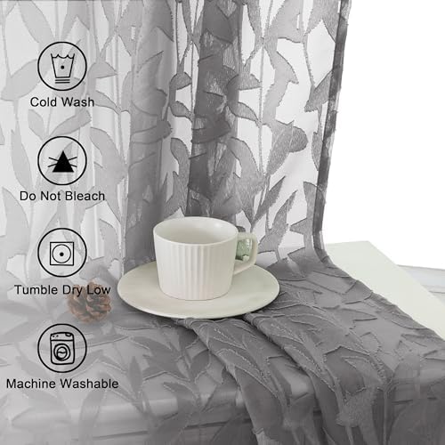 Lecloud Leia Charcoal Grey Sheer Curtains 120 Inches Long 2 Panels, Jacquard - Image 4
