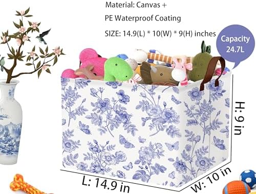 Large Blue Chinoiserie Willow Butterfly Decor Basket Collapsible Storage Bin - Image 2
