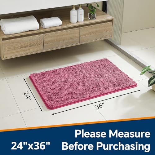 Chenille Bathroom Rug 24"x36" Hot Pink, Non-Slip Plush Bath Mat - Image 2