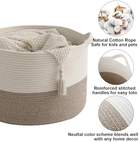 Large Woven Blanket Basket, 65L Cotton Rope Laundry Basket - Image 3