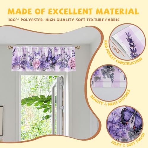 Lavender Valance Curtain for Windows 2 Pack Flowers Butterfly Gingham - Image 2
