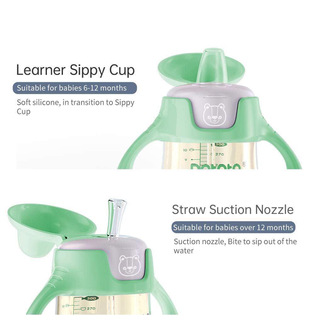POTATO Sippy Cups For Toddlers with Straw Spill Proof, PPSU Learner Cup with Handle for Babies, Water Bottle for Baby 12 Months with 2 Type of Spout, 10 Ounce Green