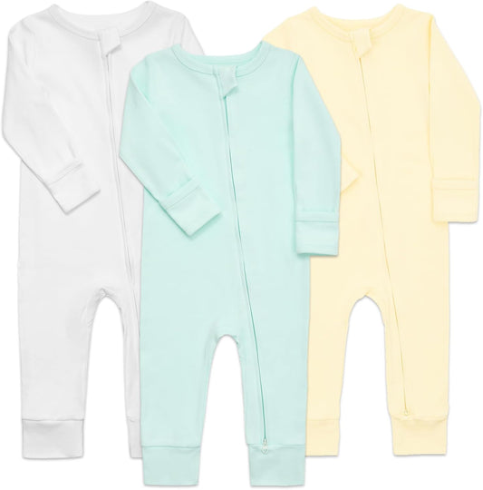 Aablexema 3-Pack Organic Cotton Baby Footless Pajamas with Mitten Cuffs, 2-Way Zipper Romper Sleepers