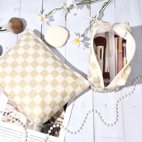 SOIDRAM 2 Pcs Checkered Makeup Bag Large Cosmetic Bag Toiletry Bag Makeup Pouch - Image 3