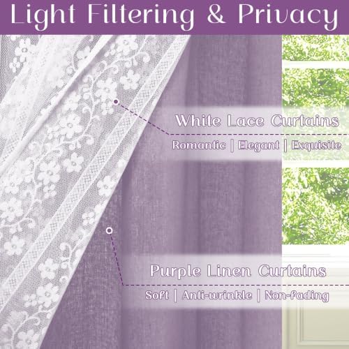 ASPMIZ Purple Linen Kitchen Curtains Double Layer Kitchen Window Curtains - Image 2