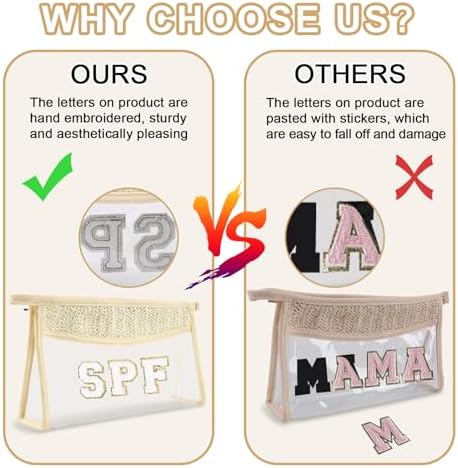 Iqimott 2Pcs Boho Patch SPF Bag Clear Makeup Letter Bag, Waterproof Zipper Make - Image 5