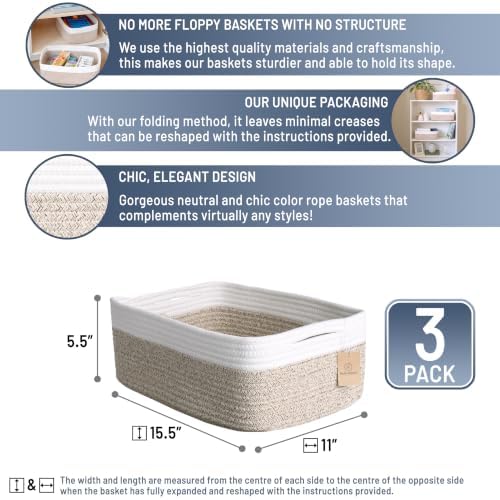 Woven Rope Baskets for Organizing, 3 Pack, 15.5 x 11 x 5.5" Storage Bins - Image 2