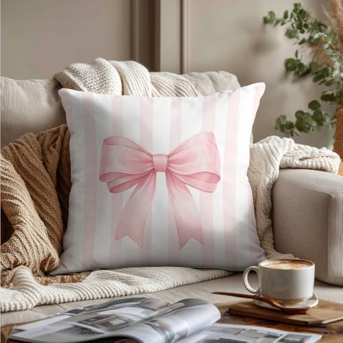 Coquette Pink Bow Striped Pillow Cover 18x18, Girly Ribbon Bow Decorative Throw - Image 3