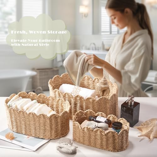 Scalloped Basket Set of 3, Wicker Storage Baskets - Image 4