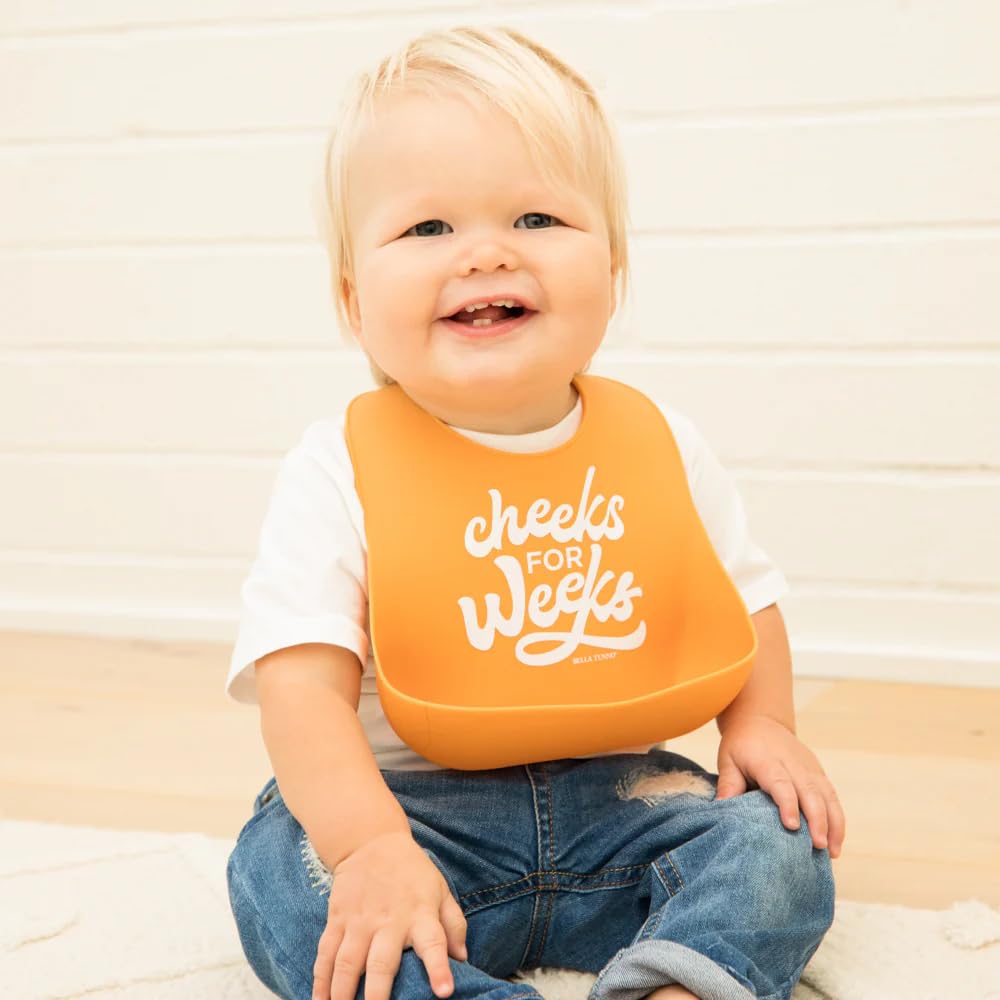 Baby Bib for Eating by Bella Tunno, Waterproof Silicone Bib with Large Food Catcher, Adjustable Fit for Babies 4-12 months & Toddlers 1-3 Years, Boys & Girls, Cheeks For Weeks