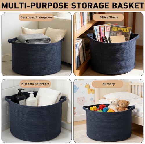 65L Large Blanket Basket, Woven Rope Laundry Basket-Dark Blue - Image 6