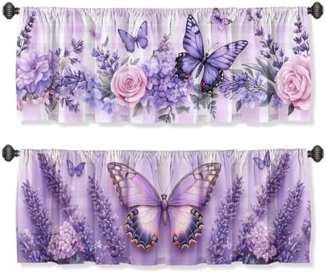 Lavender Valance Curtain for Windows 2 Pack Flowers Butterfly Gingham by Unknown
