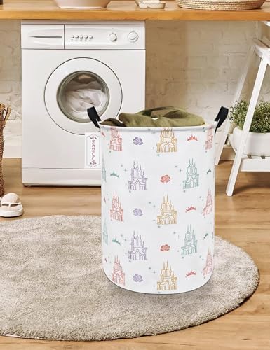 QUEENLALA Foldable Waterproof Round Fabric Laundry Basket Home, Rose Castle - Image 4
