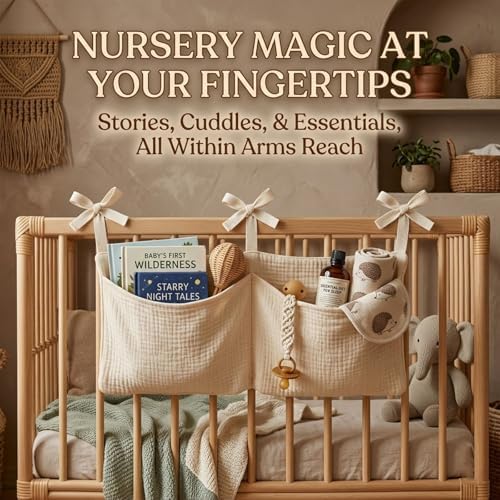2pc Crib Organizer Hanging Storage Bag, Soft Muslin Bedside Nursery Caddy - Image 6