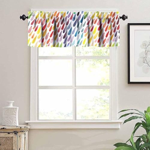 Rainbow Raindrops Valance Curtain, Watercolor Colorful Abstract Water Drops - Image 2