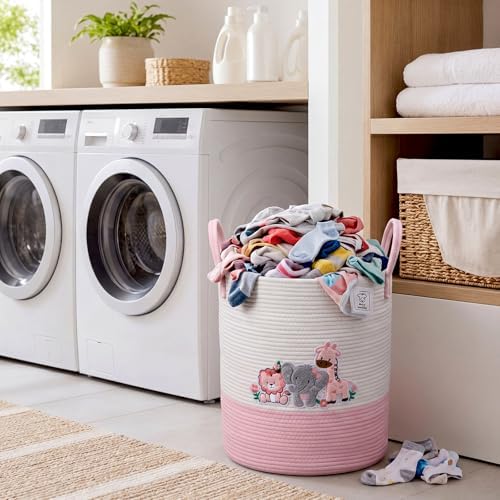 LemonRoad Pink Animals Laundry Hamper Large Cotton Rope Storage Basket - Image 2