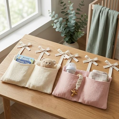 2pc Crib Organizer Hanging Storage Bag, Soft Muslin Bedside Nursery Caddy - Image 7