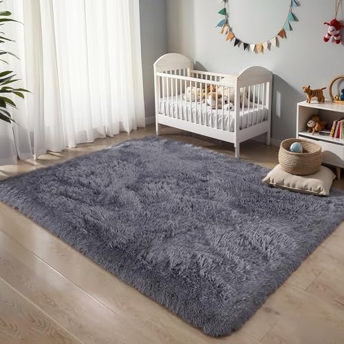 5x8 Thick Grey Fluffy Shag Rug for Bedroom, Plush Washable Carpet - Image 6