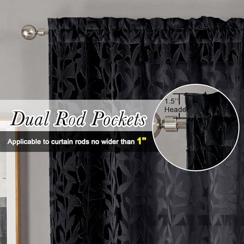 Lecloud Leia Black Sheer Kitchen Curtains 18 Inch Length 2 Pcs, Jacquard Leaf - Image 5