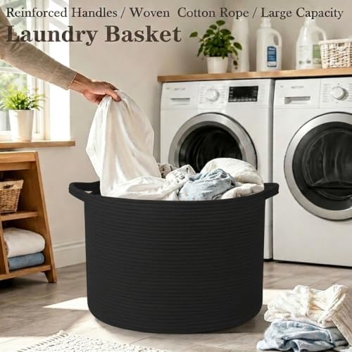 65L Large Blanket Basket, Woven Rope Laundry Basket-Black - Image 5