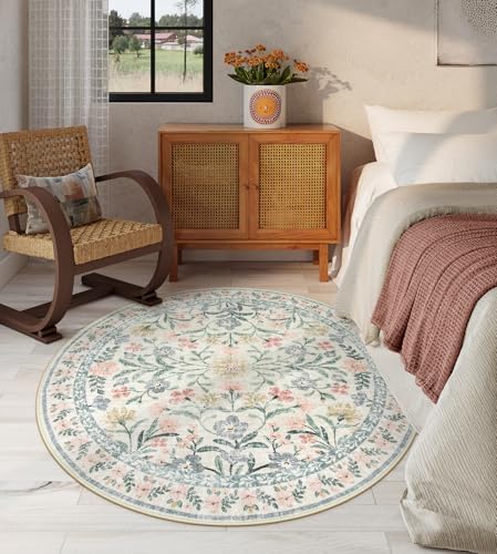 Lahome Sylvie Round Boho Floral Rugs 4ft, Cream Washable Circle Rugs - Image 3