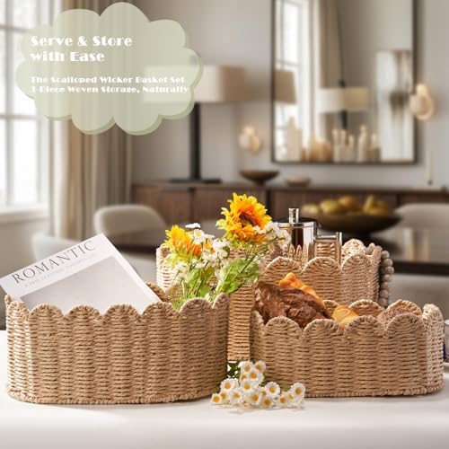 Scalloped Basket Set of 3, Wicker Storage Baskets - Image 3