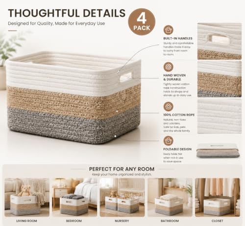 4 sets of hand-woven cotton rope storage boxes, suitable - Image 2