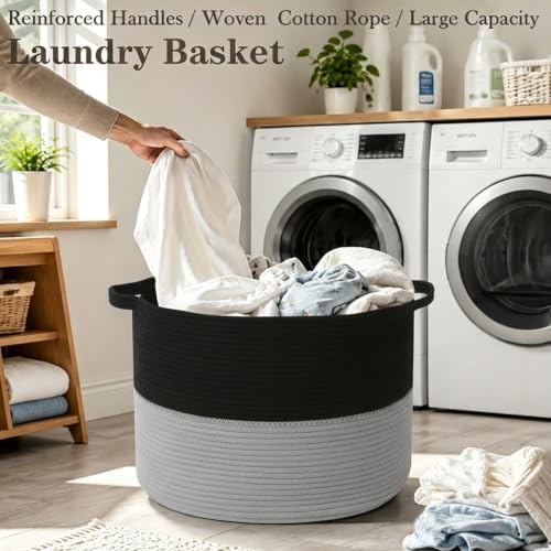 90L Large Blanket Basket, Woven Laundry Basket-Black&Light Grey - Image 5