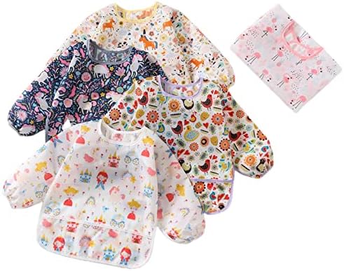 5pcs Set Long Sleeve Waterproof Bib Full Coverage Apron Bib Smock Toddler Bibs by Hafftnun