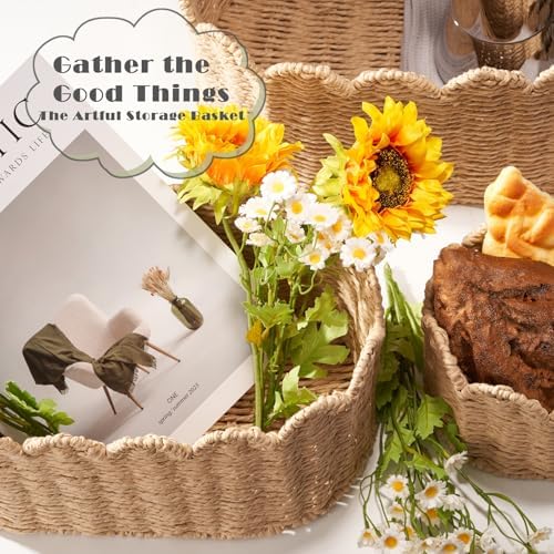Scalloped Basket Set of 3, Wicker Storage Baskets - Image 6