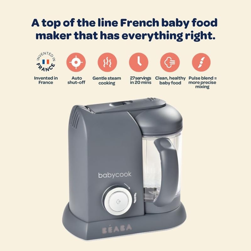 BEABA Babycook Solo 4 in 1 Baby Food Maker, Puree Steamer and Blender for Purees, Grinder with Auto Steam Cooking, Lrg Capacity 4.5 Cups 27 Servings in 20 Mins, Charcoal