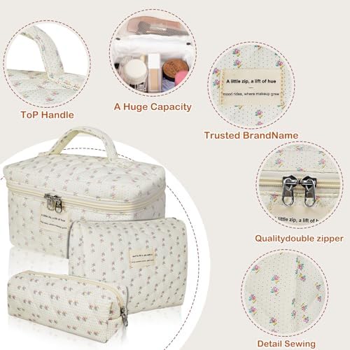 Gosect Quilted Makeup Bag, Large Floral Cosmetic Bag - Image 4