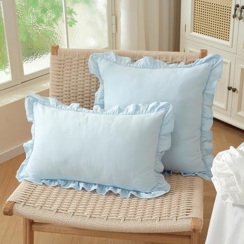 Set of 2 Light Blue Ruffle Throw Pillow Covers 18x18 Inch, Solid Color Pillow - Image 3
