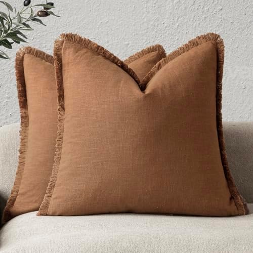 Foindtower Decorative Linen Fringe Throw Pillow Covers 18×18 Orange Brown by Foindtower