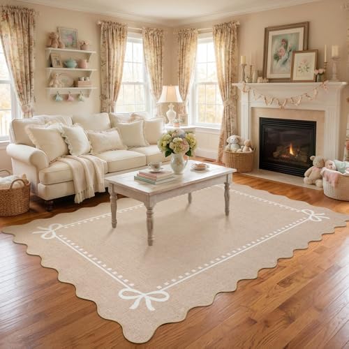 Garvee Scalloped Bow Rug Camel Washable Solid 4x6 Area Rugs - Image 4
