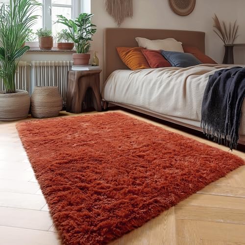 Amdrebio Terracotta Rust Furry Area Rug 5x7 - Image 5