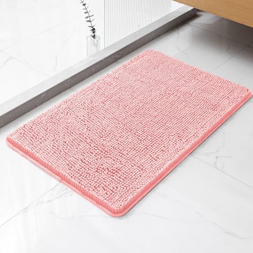 Chenille Bathroom Rug 20"x32" Pink, Non-Slip Plush Bath Mat by Kildoss