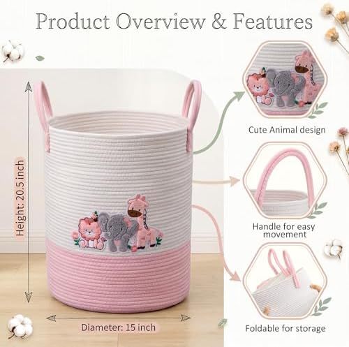 LemonRoad Pink Animals Laundry Hamper Large Cotton Rope Storage Basket - Image 3