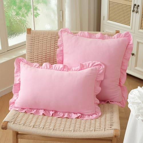 Set of 2 Blush Pink Ruffle Lumbar Pillow Covers 12x20 Inch, Solid Color Throw - Image 3
