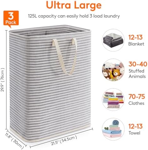 Lifewit 125L Large Laundry Baskets, 3 Pack, Reinforced Handles - Image 4