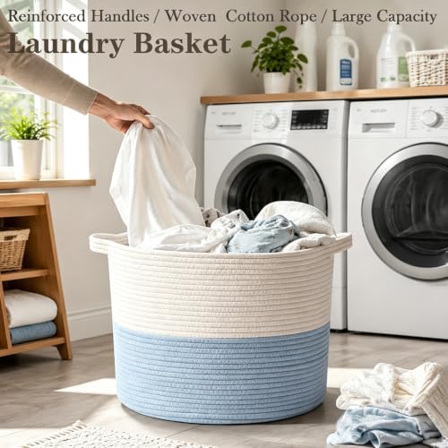 90L Large Blanket Basket, Woven Laundry Basket-White&Blue - Image 5
