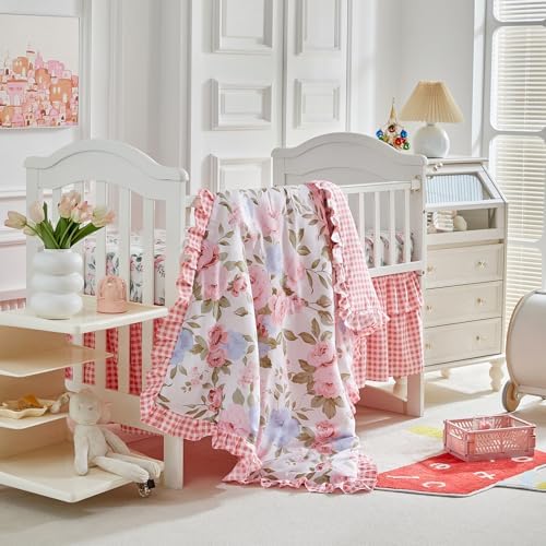 3 Pieces Pink Blue Rose Flowers Mini Crib Bedding Set Baby Ruffled Quilted - Image 5