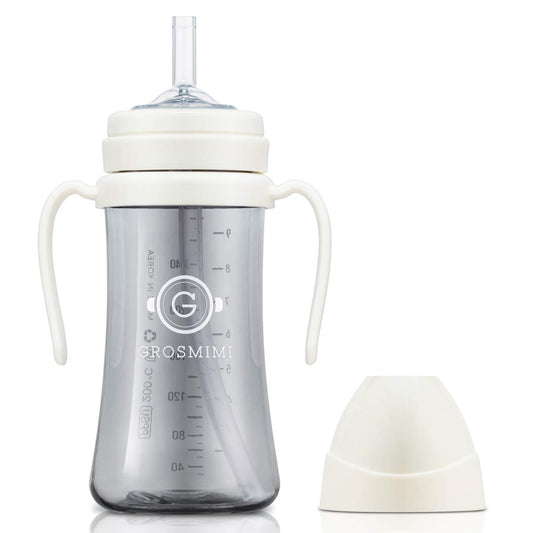 GROSMIMI Spill Proof no Spill Magic Sippy Cup with Straw with Handle for Baby and Toddlers, Customizable, PPSU, BPA Free 10 oz (White)