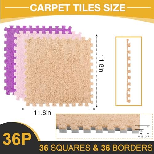 ZENOWICK 36 Pcs Plush Interlocking Carpet Tiles, Puzzle Play Mats - Image 2