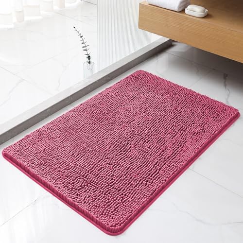 Chenille Bathroom Rug 24"x36" Hot Pink, Non-Slip Plush Bath Mat by Kildoss